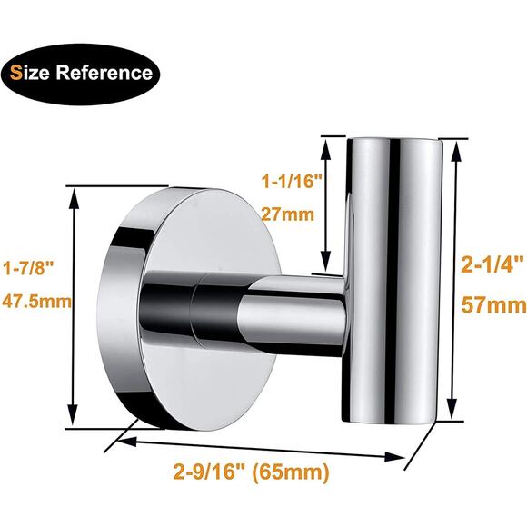 Towel Coat Hook Polished Chrome SUS304 Stainless Steel Bathroom 2 Pack - Picture 7 of 7